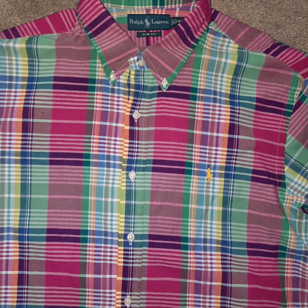 Ralph Lauren Purple Plaid Shirt Men's 2XL Yellow Pony Long Sleeve Blue Label XXL